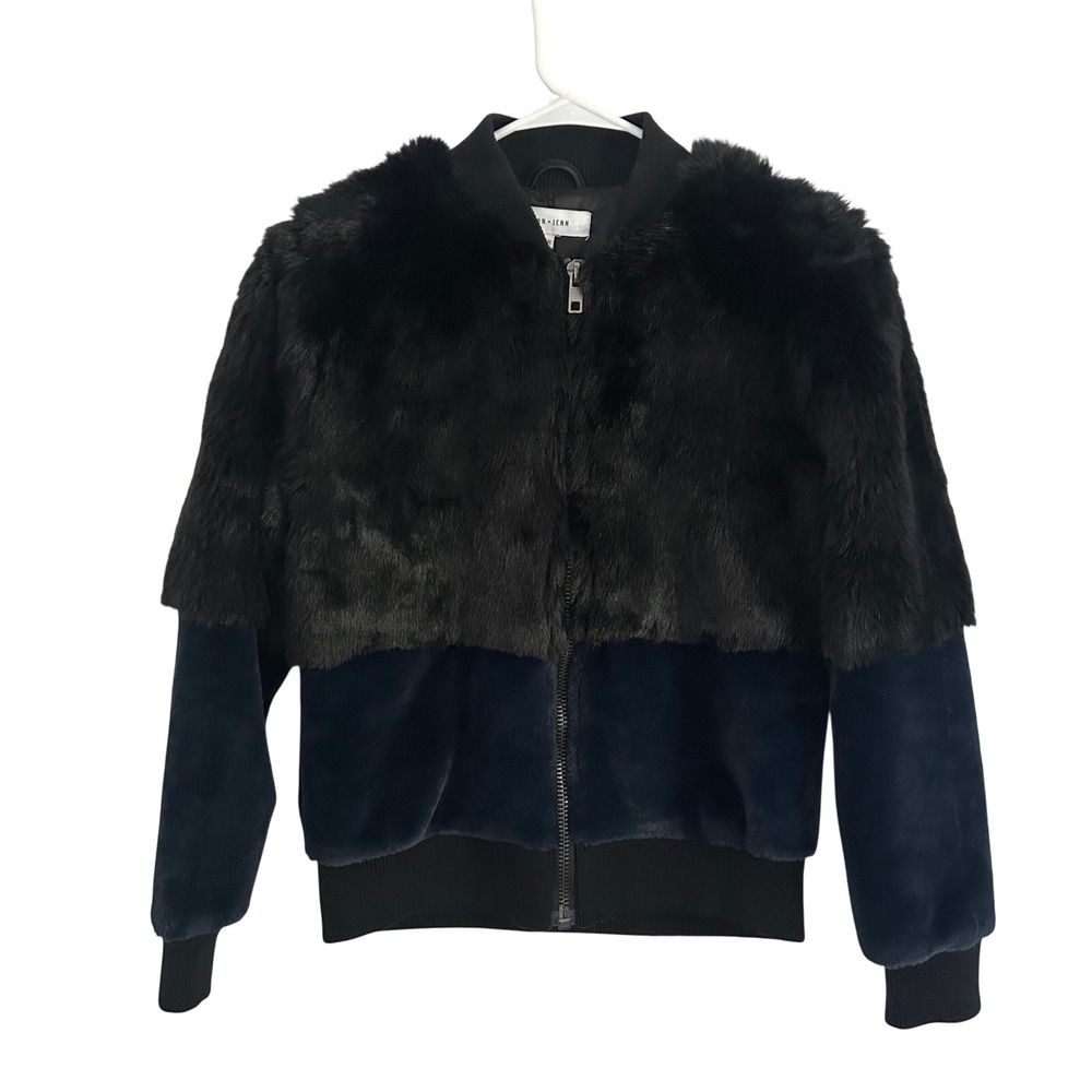 John + Jenn Womens Faux Fur Mixed Media Black Navy Bomber Coat Jacket Medium